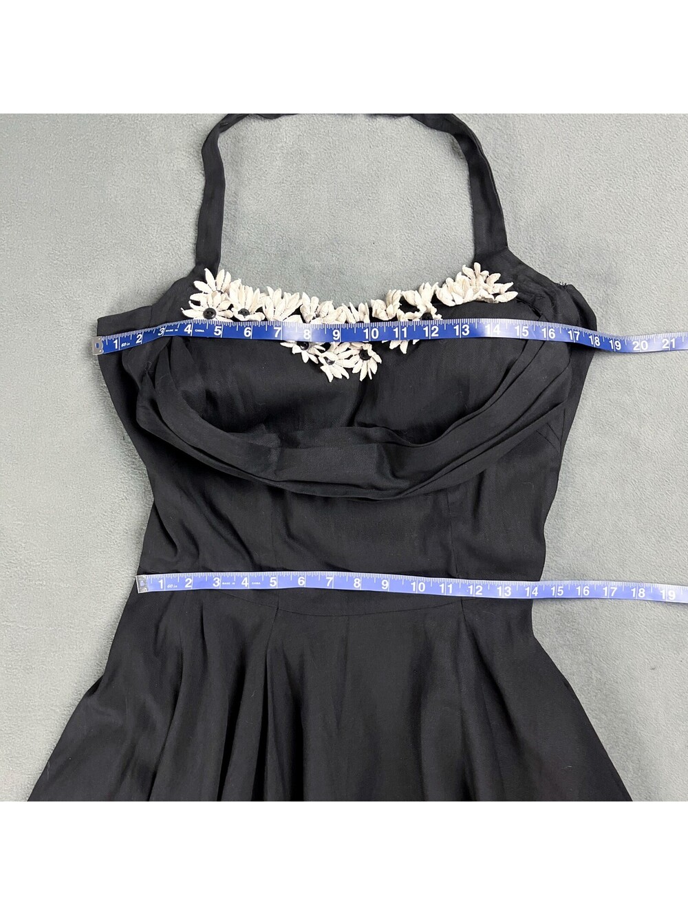 50's Halter Dress by Elaine Terry, Black with White Daisies Fit and Flare